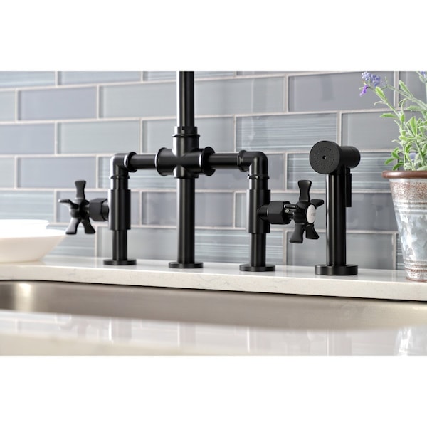 KS2330NX Industrial Style Bridge Kitchen Faucet With Brass Sprayer, Matte Black